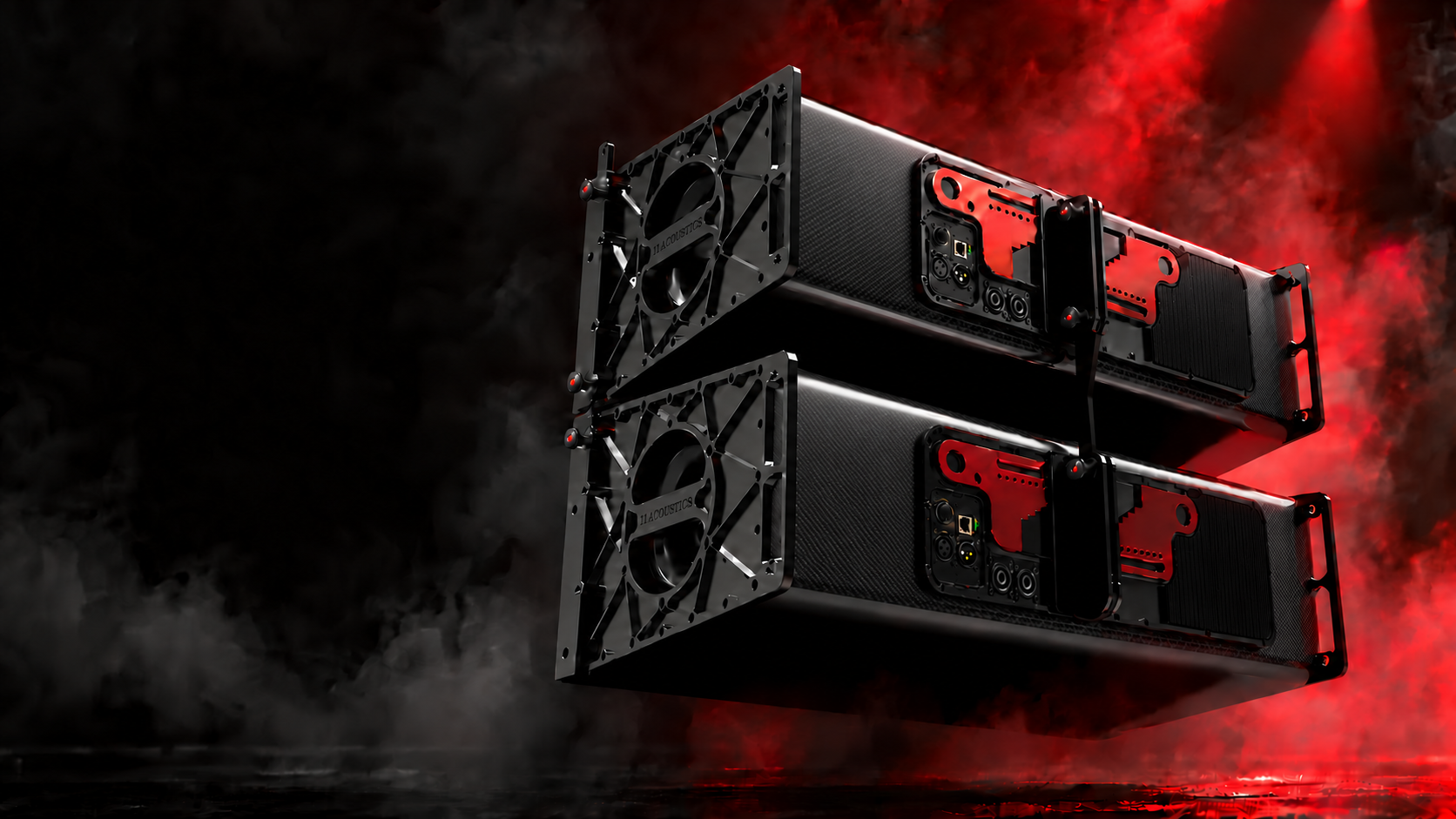 Upcoming 11acoustics line array in red stage lighting and smoke